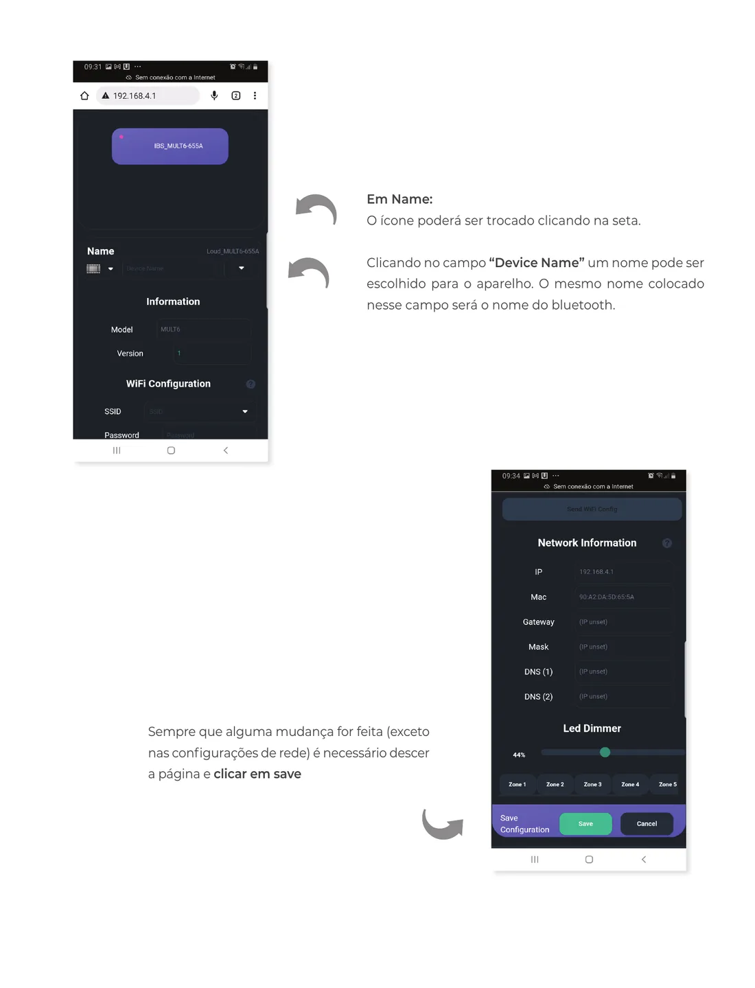 Página de configuração do aparelho no celular, com os campos Name e Device Name e o botão Save no final da página